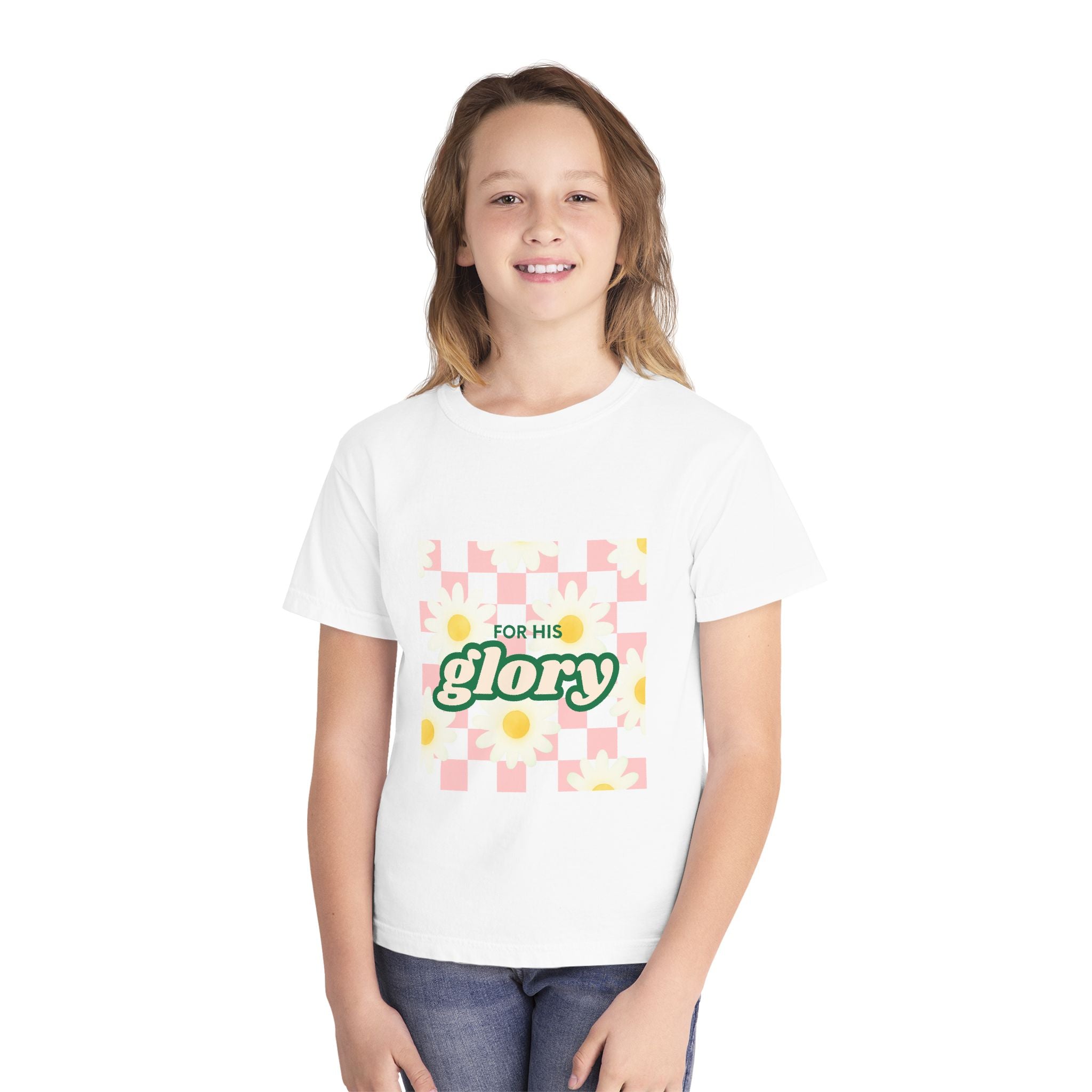 Youth Tee — "For His Glory" Floral Checkerboard Graphic