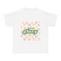 Youth Tee — "For His Glory" Floral Checkerboard Graphic