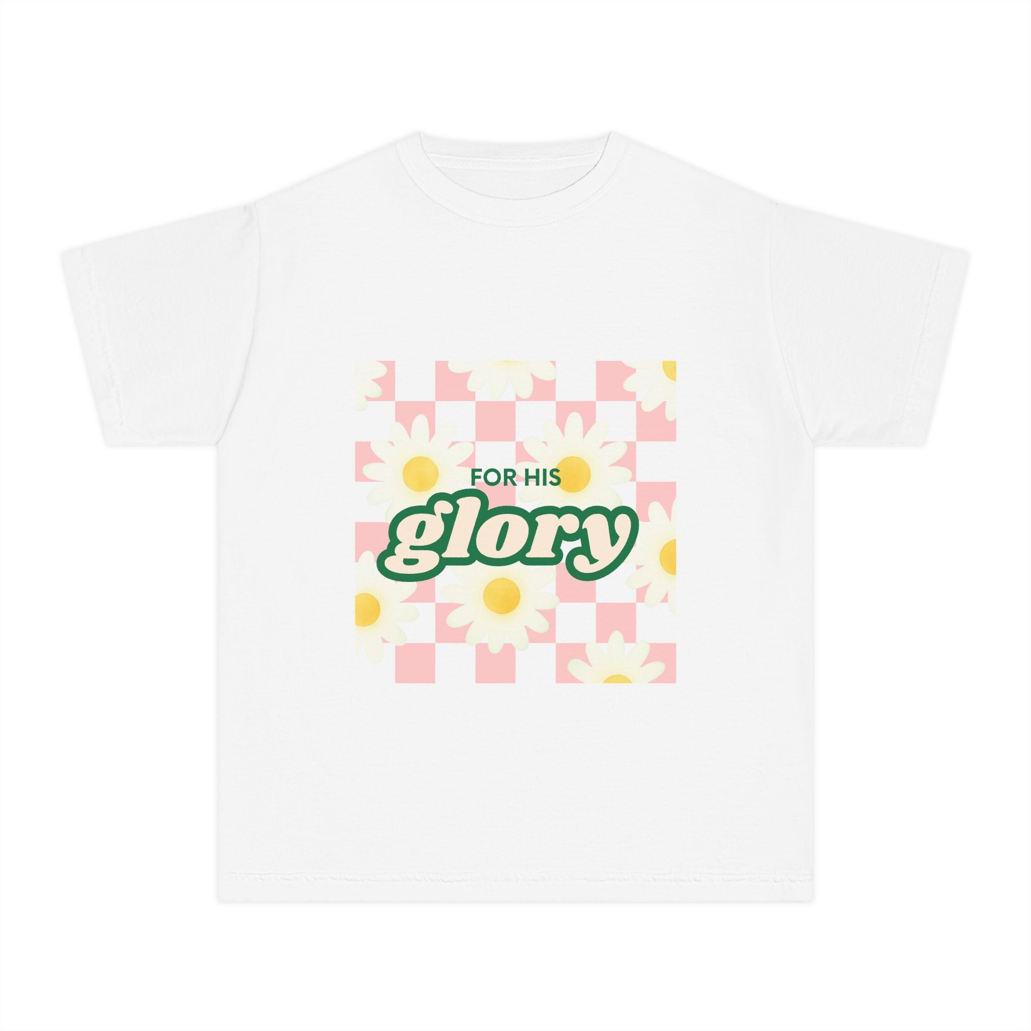 Youth Tee — "For His Glory" Floral Checkerboard Graphic